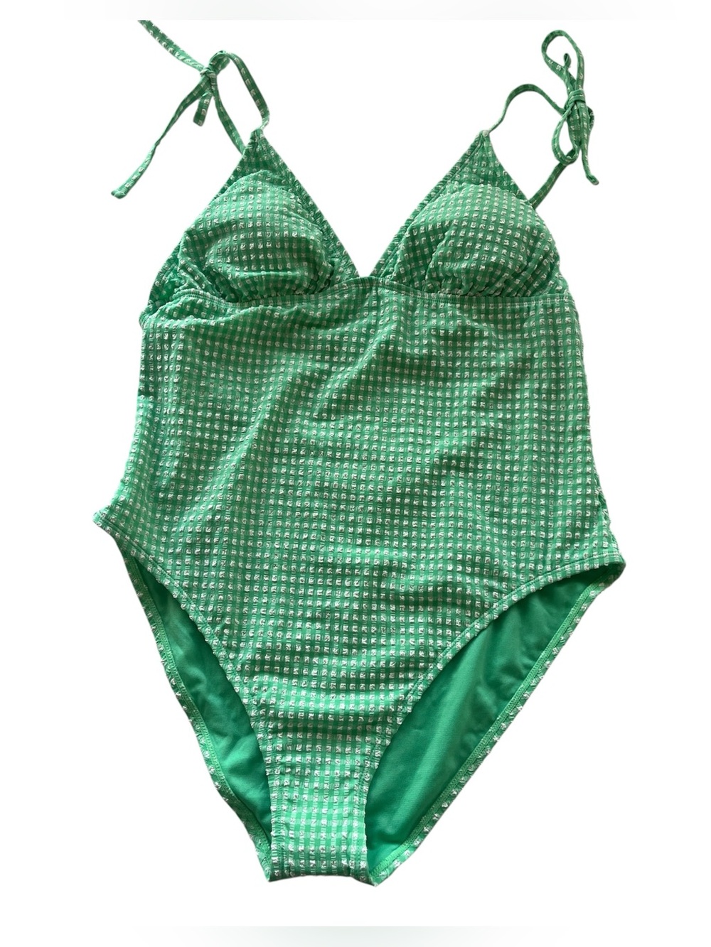 Time and Tru Mint Green Gingham One Piece Swimsuit Tie Shoulder High Leg XL